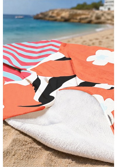 Çiçekli Çizgili Modern Plaj Havlusu - Tropikal Marine Mercan Siyah Hızlı Kuruyan Mikrofiber Havlu Çok Renkli