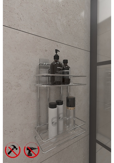 Alper Banyo Yapışkanlı Krom 2 Katlı Düz Banyo Rafı Banyo Şampuanlığı TŞ02.K Çok Renkli