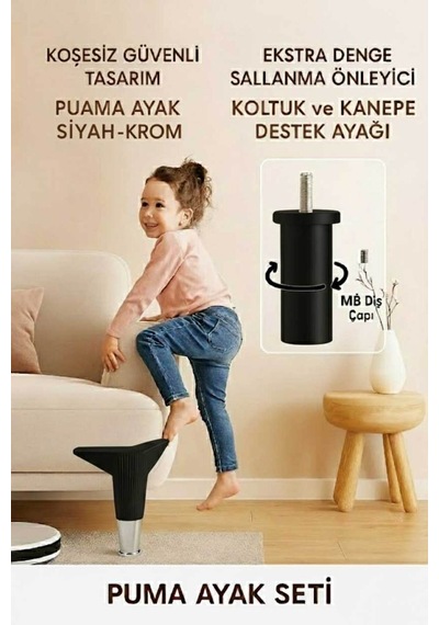 Puma 15 Cm Siyah-krom 6'lı Set Mobilya Kanepe Tv Ünitesi Dolap Konsol Ve Destek Ayağı Siyah-krom