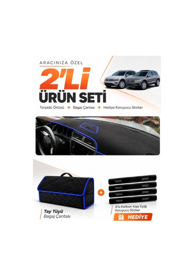E-biz Volkswagen Tiguan 2016-2023 Uyumlu Torpido Örtüsü + Tay Tüyü Çanta - Siyah-mavi - Vw024