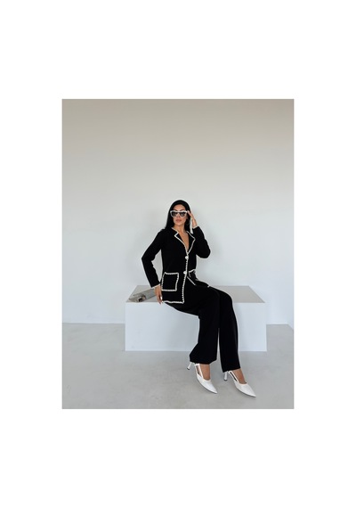 İkrafashion Çoban Dikişli Cepli Premium Triko Takım Siyah Siyah