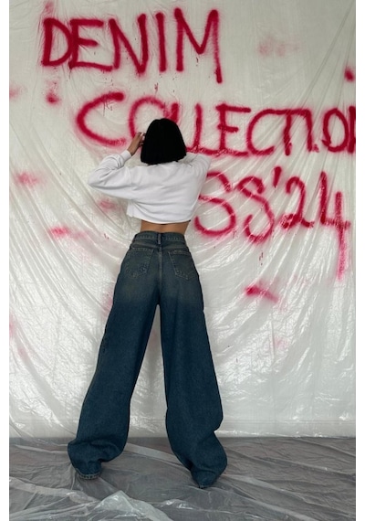 Hazego Lacivert Geniş Paça Jeans Pantolon Lacivert