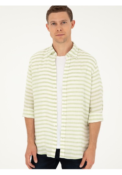 Cacharel Yeşil Keten Karışımlı Slim Fit Uzun Kollu Gömlek