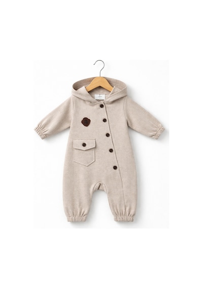Baby Fou Kapüşonlu Düğmeli Bebek Tulum Bej
