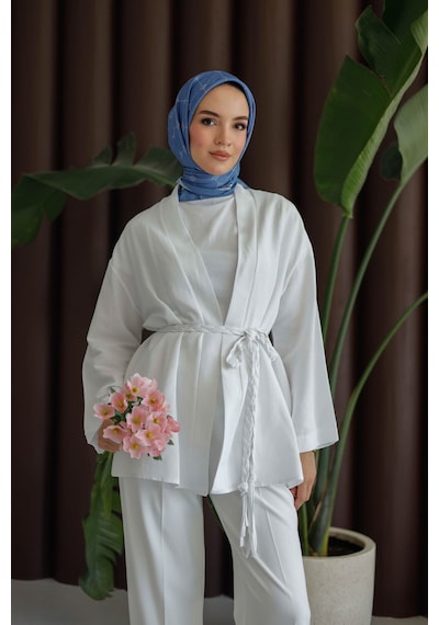 Moonsc Keten Kimono Kemerli Beyaz