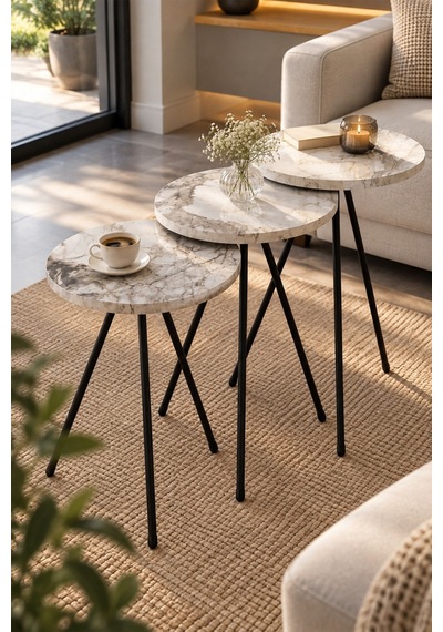 Sulorahome Zigon Sehpa Takımı - Beyaz Beyaz - Beyaz Mermer