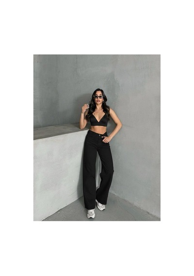 Kene Jeans Kadın Siyah Yüksek Bel Paça Kesik Bol Paça Jeans Pantolon Siyah