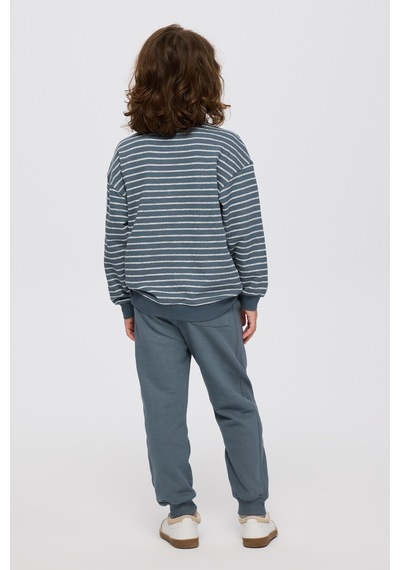 Panço Erkek Çocuk Çizgi Desenli Petrol Sweatshirt Mavi