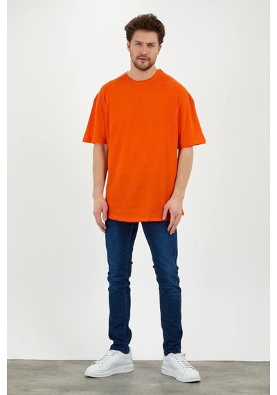 Unisex Pamuklu Turuncu Bisiklet Yaka Oversize T-shirt Turuncu