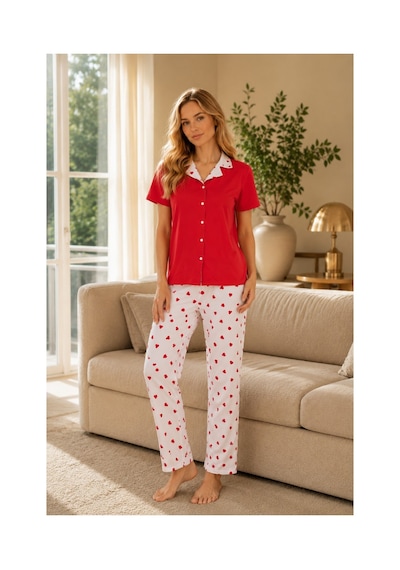 Rindahomewear Kadın Milan Kırmızı Kalp Desenli Düğmeli Pijama Takımı Kırmızı