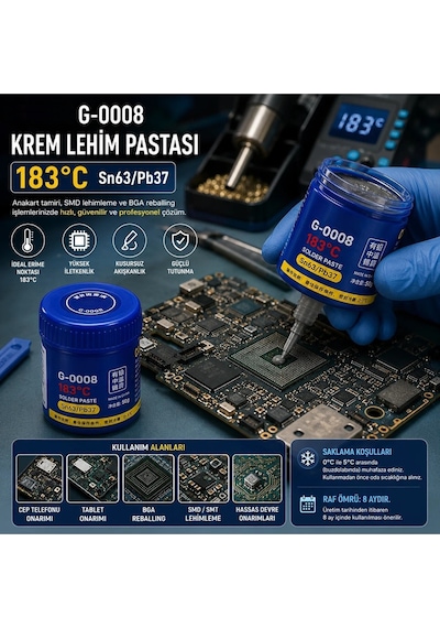 G-0008 183 Derece Sn63/pb37 Anakart Ve Cep Telefonu Tamiri İçin Krem Lehim Pastası 50 Gram
