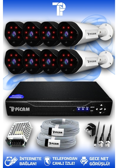 Picam 8 Kameralı Uzay 8 Dış Kamera Set HDD'siz Full HD Gece Görüşlü Güvenlik Kamerası Sistemi