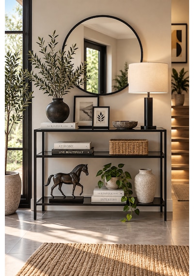 Teknor Siyah Metal Üç Katlı Füme Cam 100cm Dresuar Modern Salon Ve Antre Konsolu