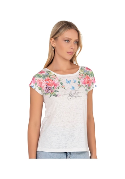 Kadın Floral Desenli Yazı Detaylı Bluz Ekru 25792 Ekru
