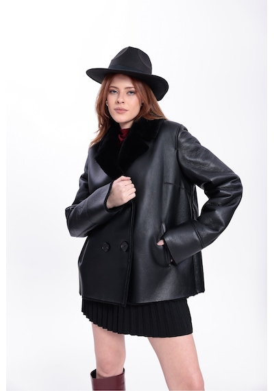 M M Marki Marki Hakiki Deri Kadın Mont Siyah İçi Kürklü Kruvaze Düğmeli Blazer Model 70 Cm - 120622