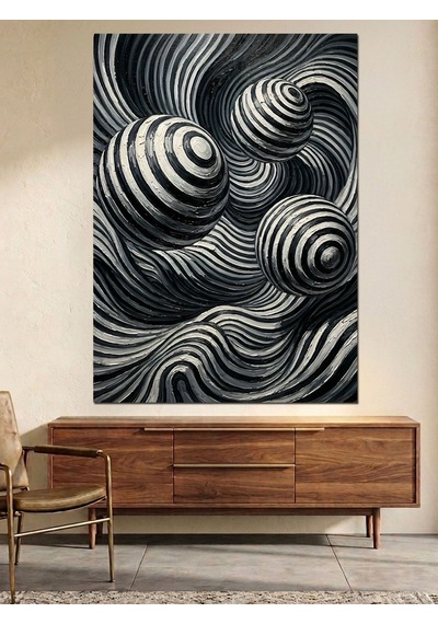 Siyah Beyaz Spiral Küreler Dalga Optik Dekoratif Kanvas - Mdf Ahşap Tablo Çok Renkli