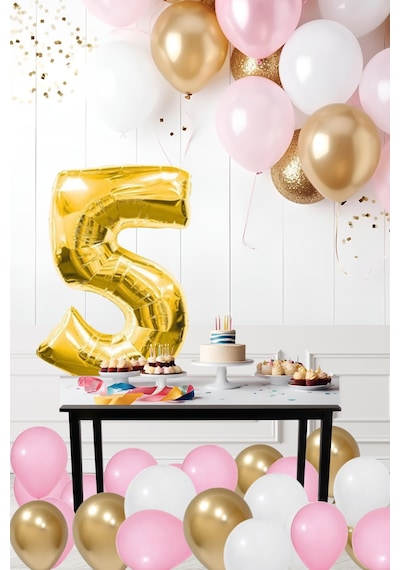 5 Yaş Retro Krom Gold Pembe Beyaz Balon Seti Gold Rakamlı Doğum Günü Balonu Şık Parti Süsleme Çok Renkli