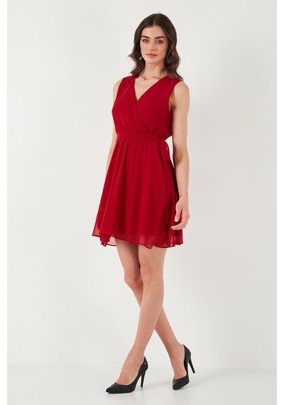 Lela Regular Fit Kruvaze Yaka Bağlama Detaylı Şifon Mini Boy Bayan Elbise 6789075 Kırmızı