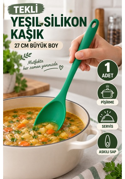 Tekli Yeşil Büyük Boy Silikon Kaşık 27 Cm Mutfak Yemek Pişirme Ve Servis Kaşığı Renkli Mutfak Gereci