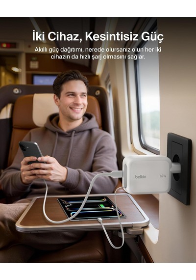 Belkin Ultracharge 67 W Gan Şarj Aleti, 0,8 M Geri Çekilebilir Usb-c Kablo İle, Beyaz
