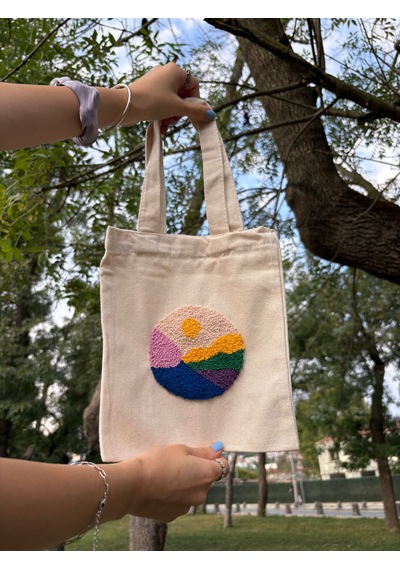 Bolergıashop Monura Tasarım Canvas Omuz Çantası Bej - Beyaz - Pembe Punch İşleme