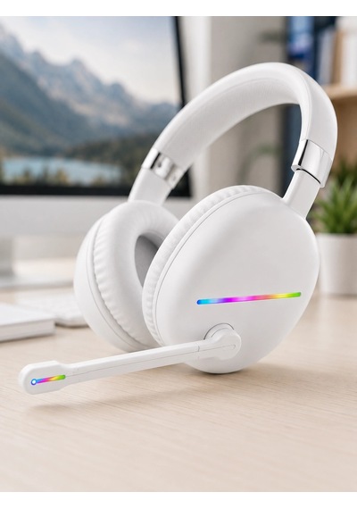 Beyaz Bluetooth 5.0 Mikrofonlu Kablosuz Kulak Üstü Kulaklık Rgb Işıklı Typec Şarjlı