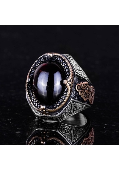 Gerçek Doğal Cabochon Granat Taşlı Yüzük - Derin 925k Katı Gümüş Erkek Yüzüğü Gümüş