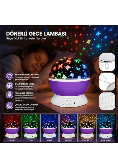 Otomatik Dönerli Ay Yıldız Projeksiyon Gece Lambası Usb & Pil Altın - Çok Renkli
