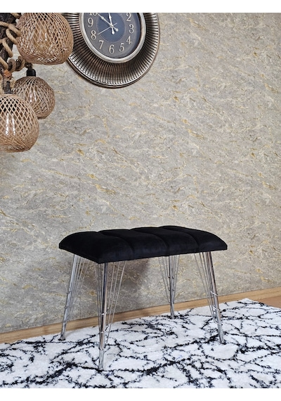 Zafir Metal Krom Tel Ayaklı 60 Cm Puf Bench - Puf - Bench - Oturak - Mutfak Oturağı - Antre Oturağı Siyah