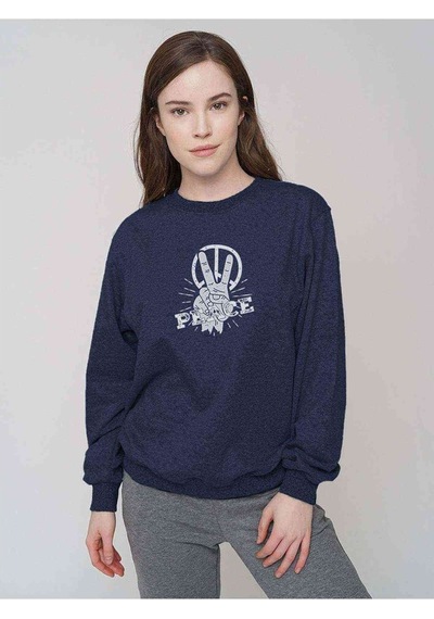 Peace Hand Baskılı Indigo Mavi Kadın Sweatshirt
