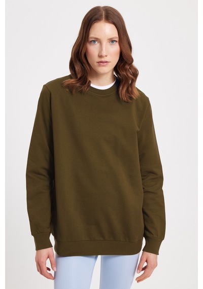 Tudors Kadın Oversize Geniş Kesim %100 Pamuk 2 İplik Bisiklet Yaka Haki Sweatshirt -42619 Haki