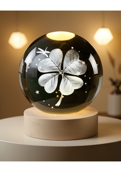 Led Işıklı Cam Küre Gece Lambası Yonca Bitki Figürlü Usb Ahşap Standlı