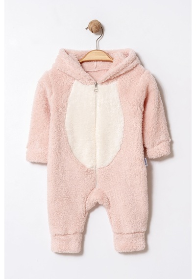 Unisex Bebek Kapüşonlu Tavşan Desenli Peluş Tulum Bej