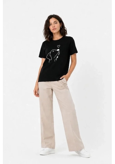 Defymoda Köpek Figürlü Minimal Baskılı Tişört Kısa Kol Yazlık T-shirt - Siyah
