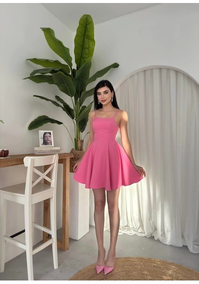 Defymoda Pole İp Askılı Elbise Pembe