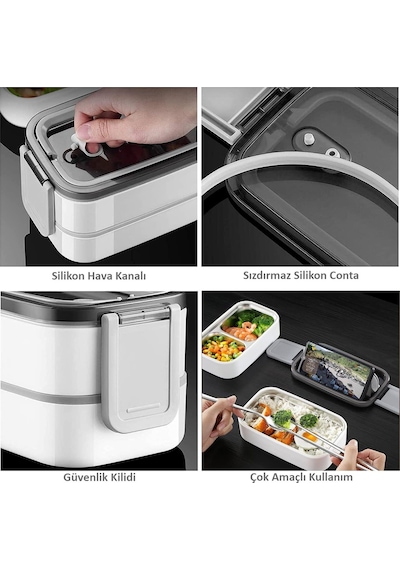 Valkyrie 1350 Ml Termal Yemek Kabı Seti Çelik Bölmeli Sızdırmaz Lunch Box + Isı Yalıtımlı Çanta Beyaz - Gri