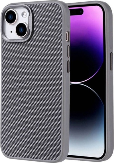 Apple Uyumlu iPhone 14 Kılıf M-safe Şarj Özellikli Karbon Fiber Görünümlü Zore Troy Kapak Gümüş