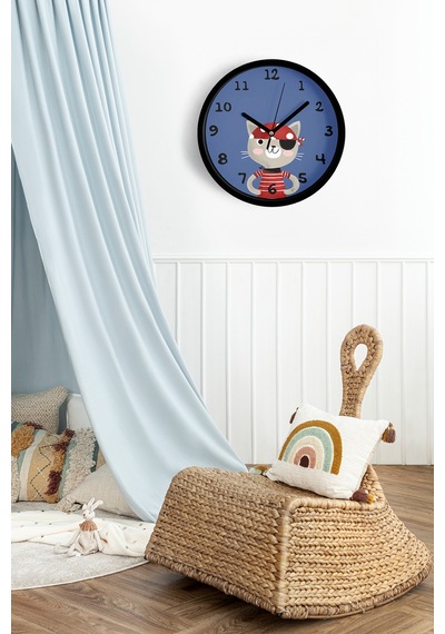 Korsan Kedi Çizimli Çocuk Odası Duvar Saati - 25cm - Önü Camlı Siyah Kasa - Sessiz Mekanizma-jh1136 Siyah