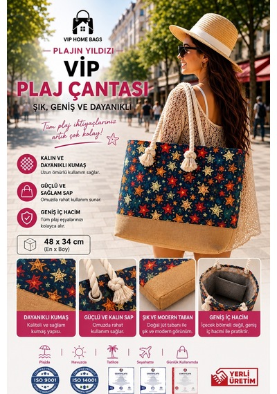 Plaj Çantası Vip Çanta El Ve Omuz Çantası Piknik Çantası-yeşil Yıldız Desenli