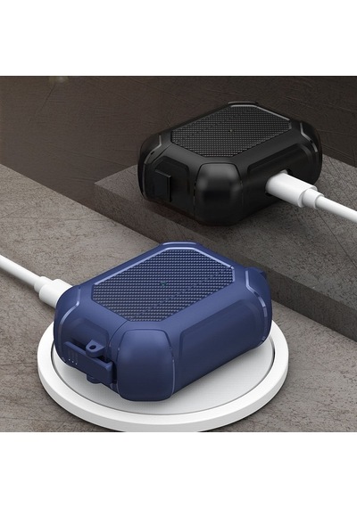 Apple Uyumlu AirPods Pro 3. Nesil İle Kılıf Kilitli Armor Tank Karbon Detaylı Difu Case Lacivert