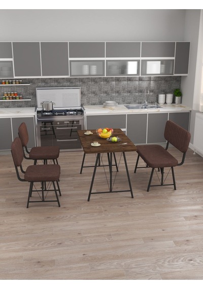 Hayat 70x110 Amalfi Mutfak Masası, Mutfak Masası Takımı, Yemek Masası, 2 Sandalye 1 Bench - Kahverengi Kahverengi