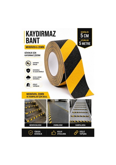 Merdiven Kaydırmaz Bant Sarı Siyah 50mm 1 Adet Mas Güvenlik Uyarı Bandı 5 Metre 5 Cm Yapışkanlı Basamak Mermer Beton
