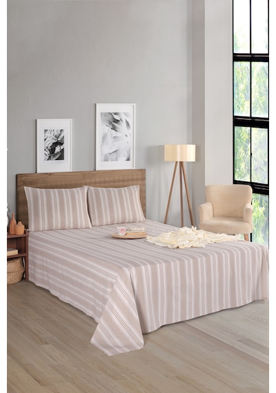 Eponj Home Sport Çizgili Çarşaf + Yastık Kılıfı Seti Çift Kişilik Soft Line Bej Bej