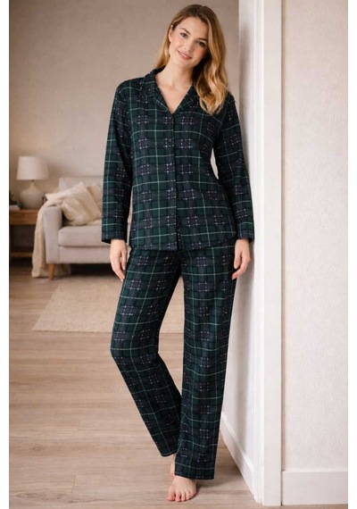Tenra Kadın Pijama Takımı Boydan Düğmeli Haki