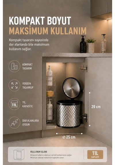 Banyo, Mutfak Dolabı İçi 11 Litre Metal Çöp Kovası – Krom, Tüm Dolaplara Uyumlu Tezgah Altı Çöp Kovası