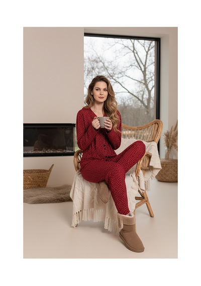 Rindahomewear Kadın Bordo Puantiye Desenli Yumuşak Dokulu Süet Düğmeli Pijama Takımı Bordo