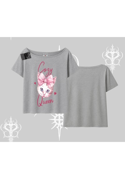 Tarzsokak Cozy Queen Kedi Baskılı Kayık Yaka Tshirt Gri