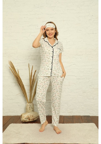 Akbeniz Kadın %100 Pamuk Önden Düğmeli Kısa Kol Pijama Takım 2842 - XL Ekru