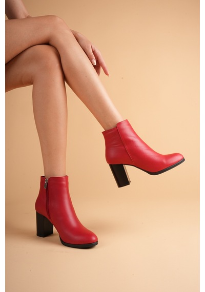 Analin Shoes Kadın Hakiki Deri Şık Topuklu Bot Kırmızı