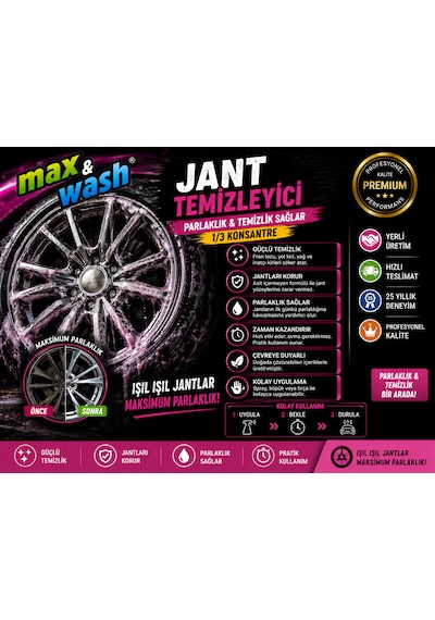 Max&wash Jant & Lastik Bakım Seti 2x1 Kg Jant Temizleyici + Lastik Parlatıcı + 2 Adet Fısfıs Hediyeli Profesyonel Araç Bakım Seti